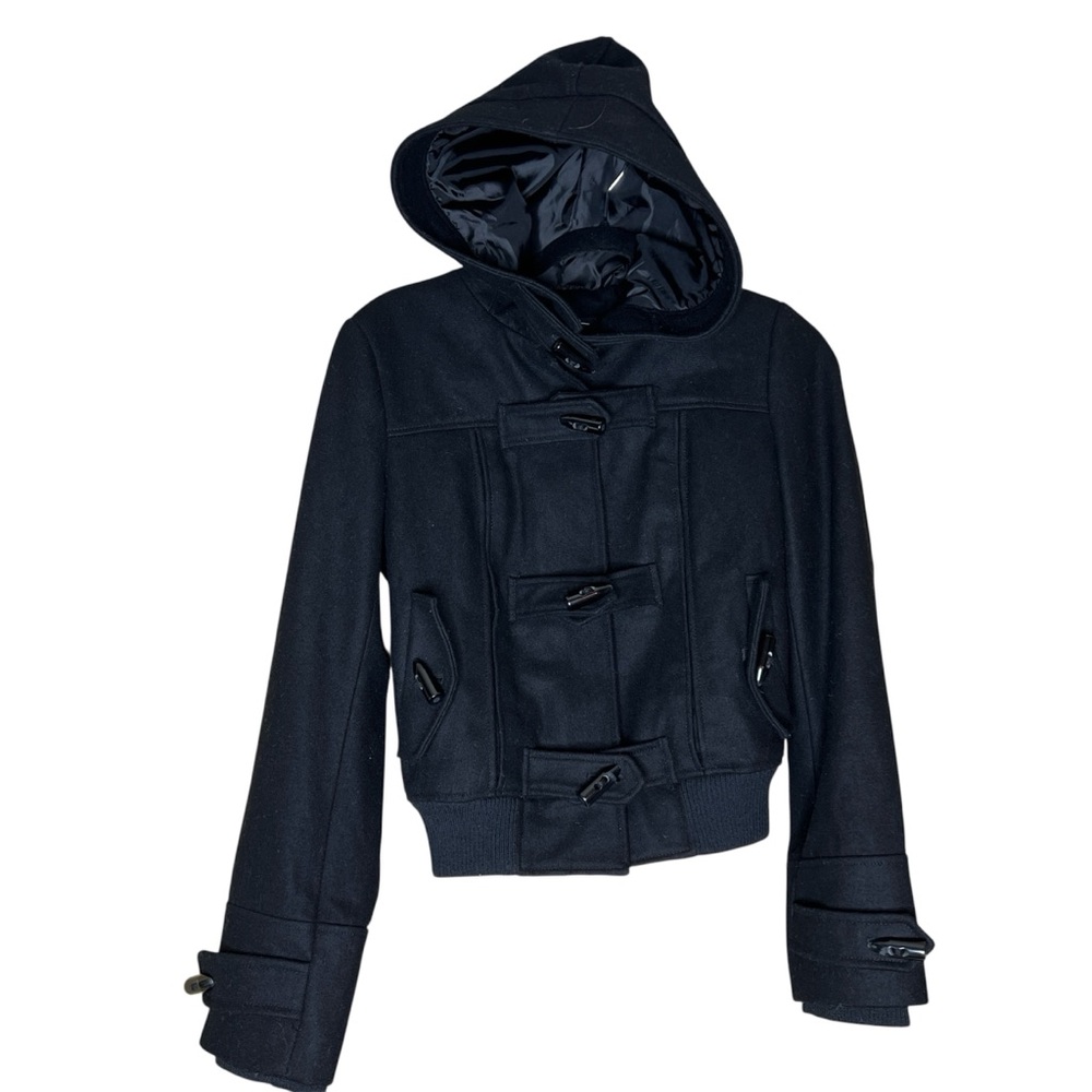White Rivet Women's petite pm Black wool blend toggle Hooded bomber Jacket